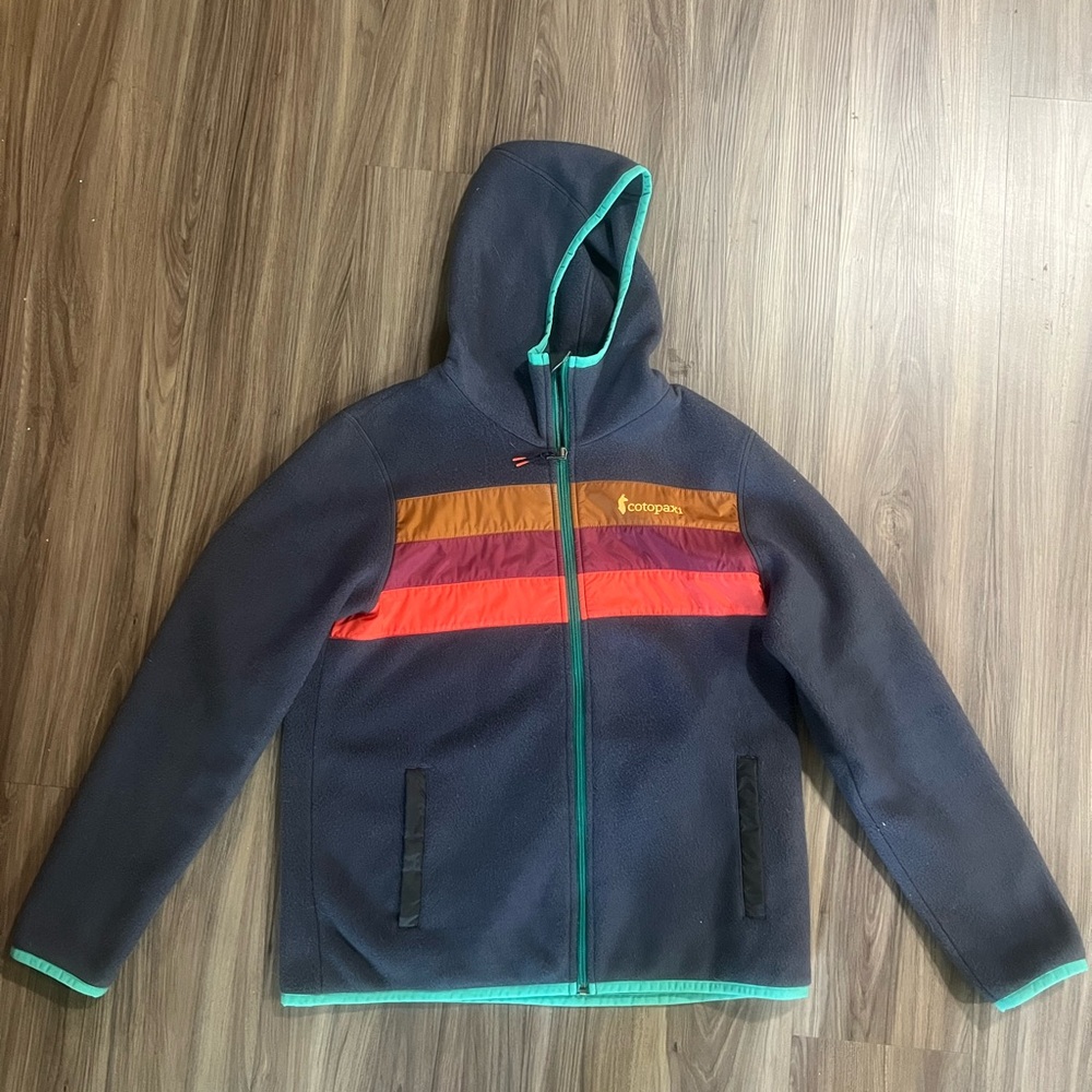cotopaxi Navy Hooded Fleece Jacket with Orange, Red & Magenta Stripes
